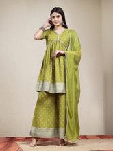 Women's Ethnic Motif Printed Naira Cut Rayon Kurta Palazzo Dupatta Set-KPDGREENSANJH